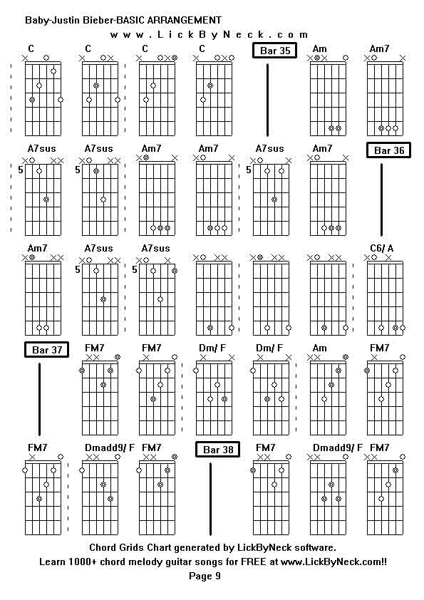 Chord Grids Chart of chord melody fingerstyle guitar song-Baby-Justin Bieber-BASIC ARRANGEMENT,generated by LickByNeck software.